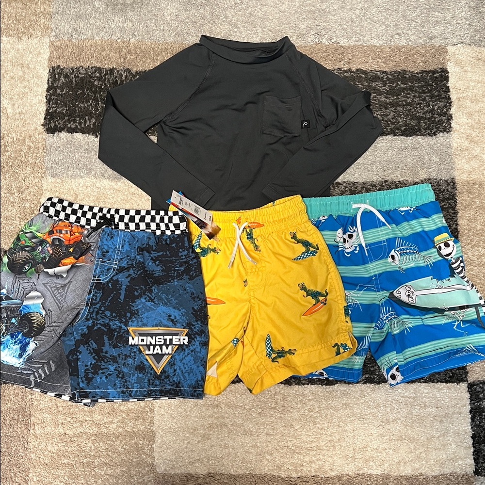 Boys’ swim bundle (3 trunks, 1 rash guard), size 4/5 Monster Jam, Skellington!